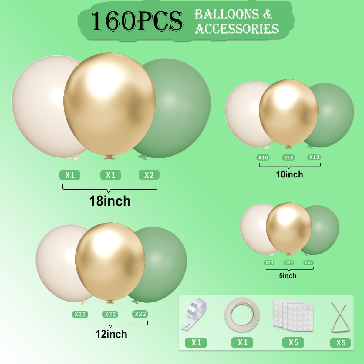 Green White Gold Balloon Garland Arch Kit, 160Pcs Latex Balloons Different Size Balloons 18 12 10 5 inch for Birthday Baby Shower Wedding Bridal Shower Party Decorations