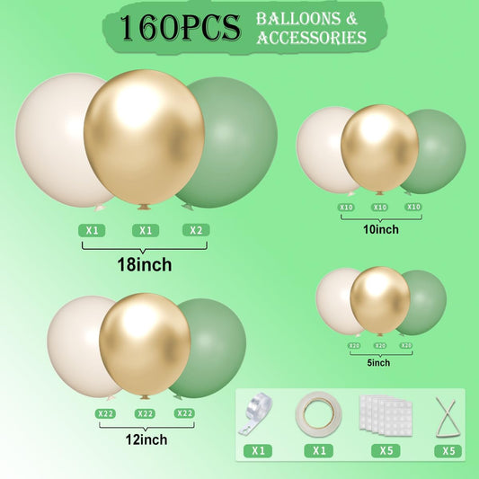Green White Gold Balloon Garland Arch Kit, 160Pcs Latex Balloons Different Size Balloons 18 12 10 5 inch for Birthday Baby Shower Wedding Bridal Shower Party Decorations