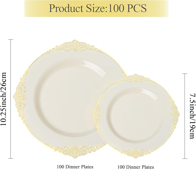 100 PCS Ivory and Gold Plastic Plates for 50 Guests, Gold Disposable Plates Include 50 PCS Dinner Plates, 50 PCS Dessert Plates for Party, Wedding and Graduation (100, Ivory White)