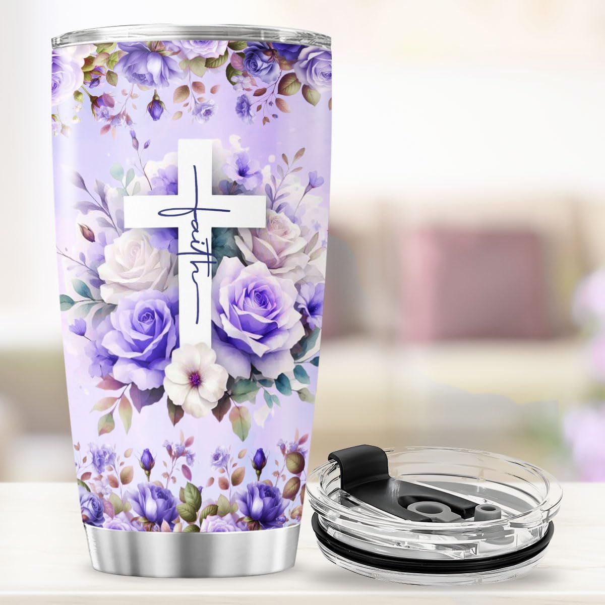 Christian Faith Tumbler for Women with Bible Verses, Inspirational Floral Design, 20oz Stainless Steel Insulated Cup, Religious Gift for Birthday, Encouragement, Spiritual Uplift