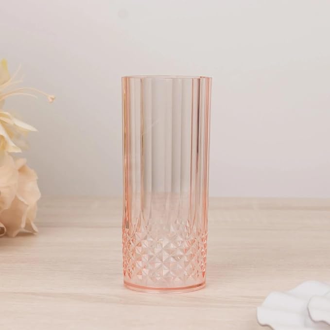 Efavormart 6-Pack Plastic Highball Glasses, 14oz Shatterproof Crystal Cut Drink Glasses for Kitchen Mojito Whiskey Cocktail, Transparent Blush