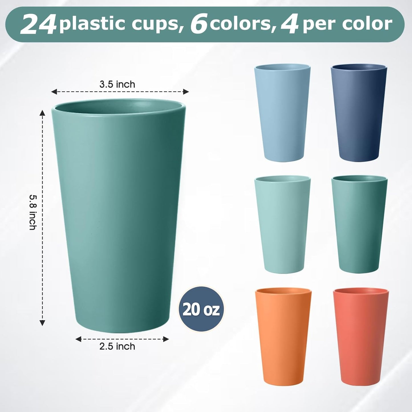 24 Pcs Unbreakable Plastic Cups Set, 20 oz Reusable Plastic Cups, Stackable Water Tumblers, Drinking Cup for Kitchen, Outdoor, BPA-free, Dishwasher Refrigerator and Microwave Safe (20 oz, 6 Colors)