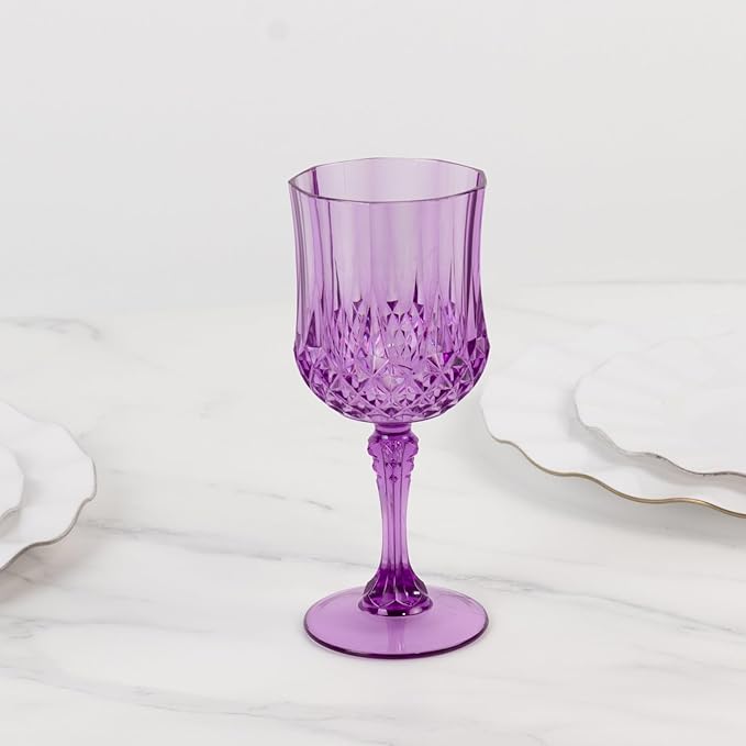 Efavormart 6-Pack Plastic Wine Glasses 8oz, Purple - Crystal Cut Shatterproof Cocktail Goblets Drinking Glasses