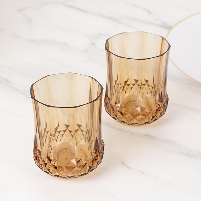 Efavormart 6 Pack Amber Gold Crystal Cut Plastic Stemless Wine Glasses, 8oz Shatterproof Reusable All-Purpose Whiskey Cups