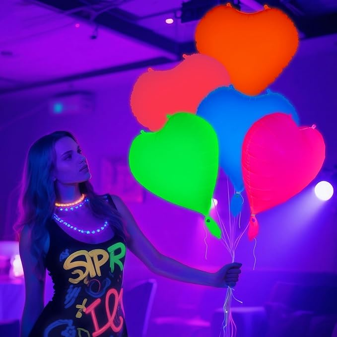 Mega-L Glow in the Dark Party Supplies, 5 Pcs Neon Heart Balloons Set – Fluorescent Red, Lemon Yellow, Fuchsia, Blue and Orange Balloons Perfect for Birthday, Wedding, Anniversary, Carnival