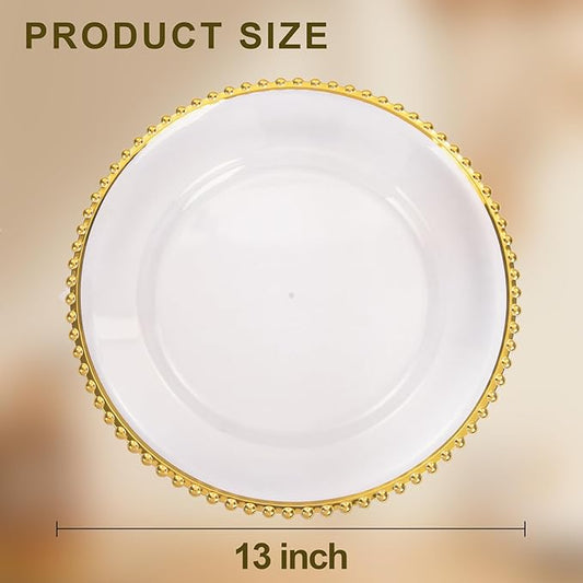 EI 13 Inch Gold Charger Plate,50pcs Clear Charger Plates with Gold Rim,Disposable Chargers Plate,Plastic Chargers Plates for Dinne Family Party and Wedding