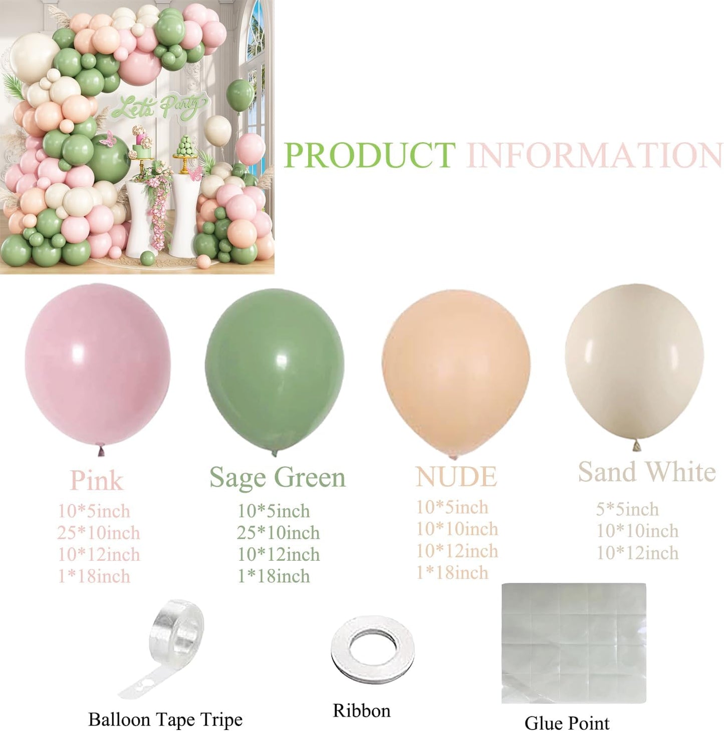 Sage Green Pink Balloon Garland Arch Kit, 148Pcs Pink and Green Sand White Neutral Balloons for Baby Shower Wedding Bridal Shower Birthday Party Decorations