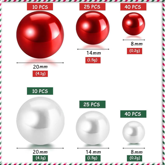 150Pcs Red&White Polished No Hole Pearl Beads Vase Filler, Christmas Vase Filling Decorations, Plastic Pearls, Table Scatters, Wedding Home Decor, 8/14/20 mm