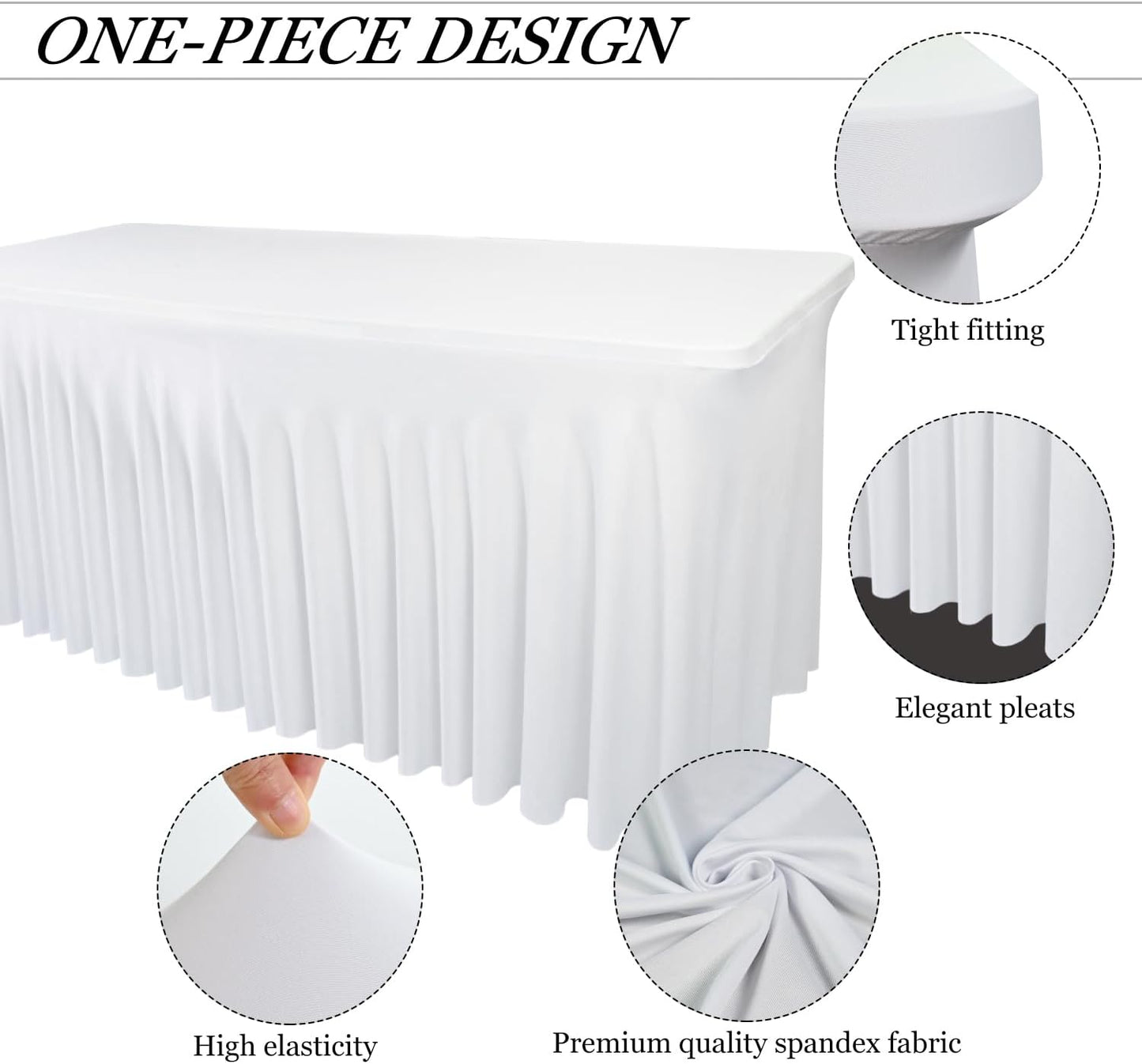 6-Pack 72''L x 30''W x 30''H White Stretch Spandex Table Skirts for 6-Foot Rectangle Tables | Wrinkle-Resistant, Washable Fitted Tablecloths with Skirt for Parties, Banquets, and Birthdays