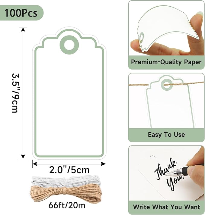 Anwyll Gift Tags with String - 100Pcs Green Gift Bag Tags Personalized White Blank Hanging Paper Label Tag for Baby Shower Birthday Party Wedding Christmas Favor Present