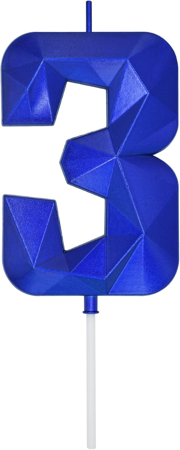 DERVENTA Large Birthday Candle Number 3D Blue 3.7 inch Party Celebration Anniversary Decoration Cake Topper 1 Piece (Number 3 Blue)
