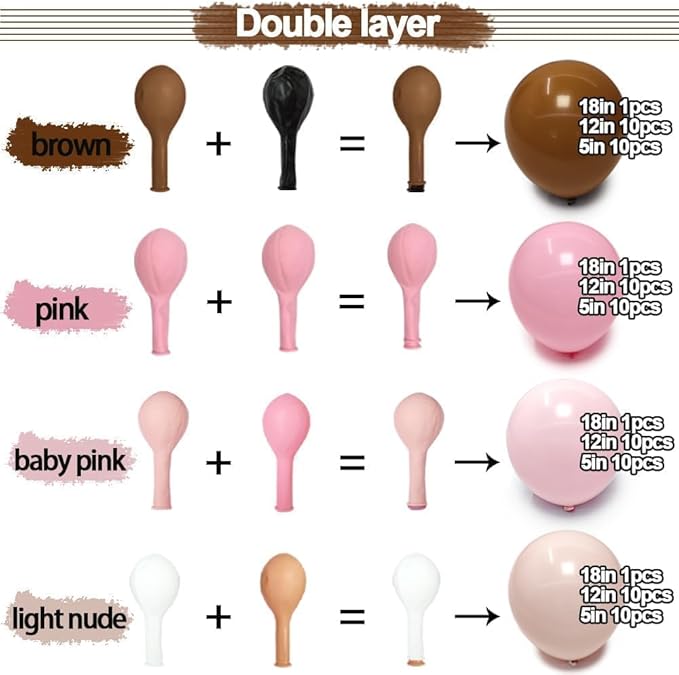 Pink Brown Balloon Garland Double Stuffed Light Pink Beige Brown Balloon Arch Kit for Birthday Baby Bloom Bridal Shower Boho Wedding Mother's Day Party Decorations