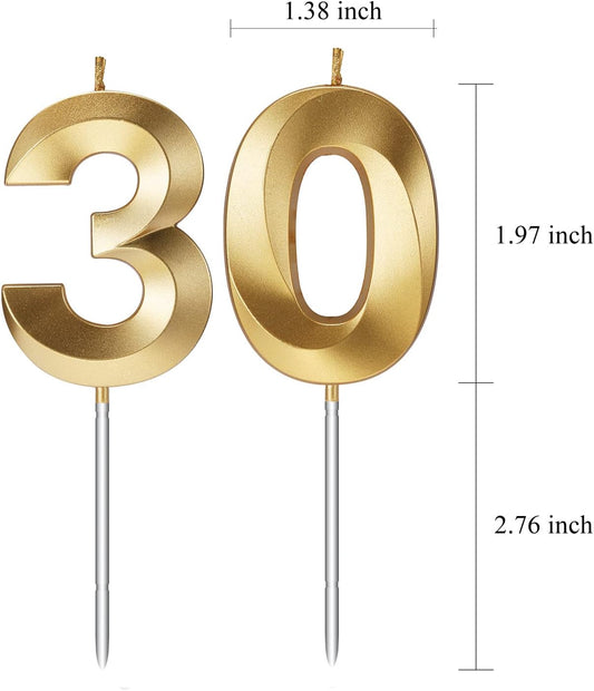 30th Birthday Candles for Cakes Numbers Candle Happy Thirty Birthday 3D Designed Wedding Anniversary Party Cake Topper Decorations (30, Gold)
