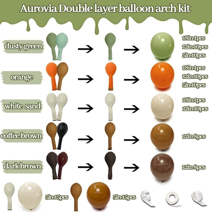 Green Orange Brown Balloon Garland Double Stuffed Sage Green White Sand Cream Balloon Arch Kit for Birthday Baby Shower Dinosaur Woodland Wild One Easter Party Decorations