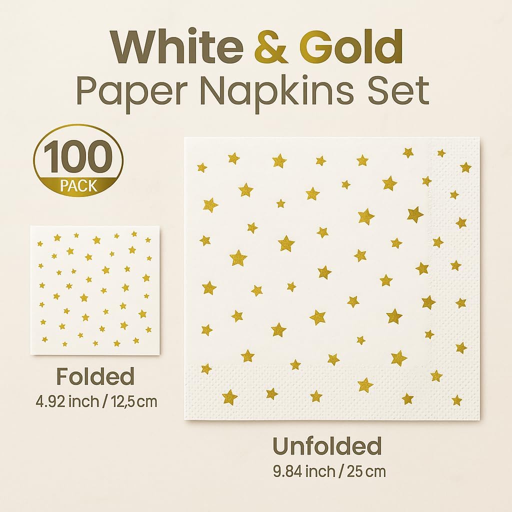 100 Pack White Cocktail Napkins with Gold Stars – 3-Ply Fancy Disposable Party Napkins 5x5 Inches for Weddings, Birthdays, Holidays, Baby Showers & Events – Elegant Gold Foil desgin by Hydro Energy