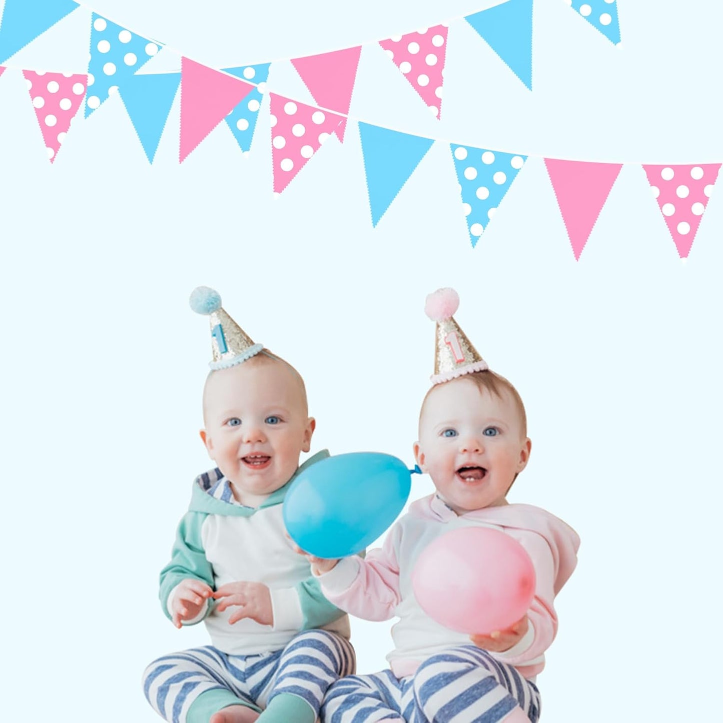Pinkblume 32Ft Gender Reveal Party Decorations Pink and Blue Circle Dot Pennant Triangle Banner Party Flag Bunting Streamer Garland