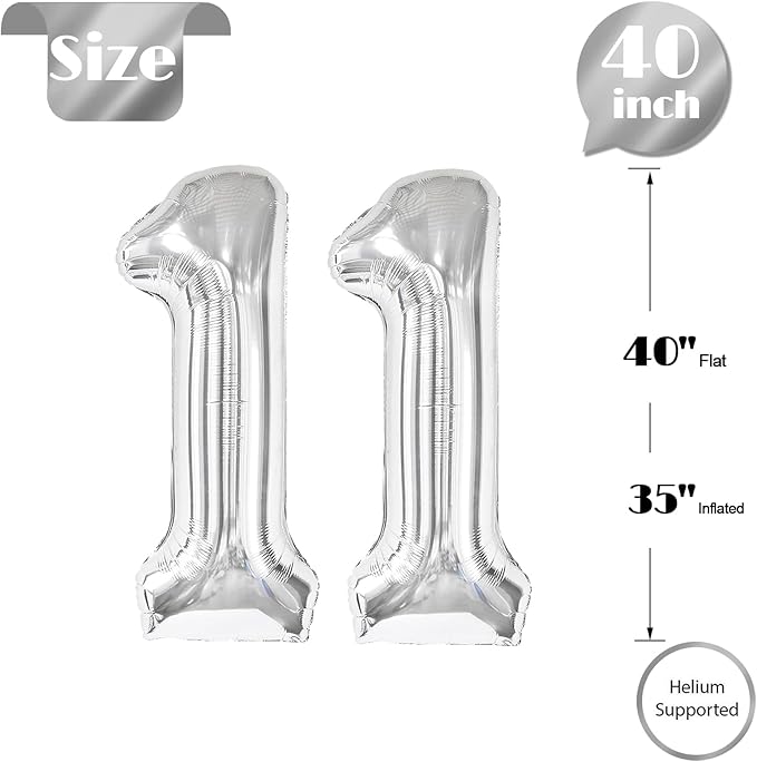 Silver Number 11 Balloon 40 inch, 11 Number Balloons, 11th Silver Birthday Decorations for Girls Boys Kids, 11 Year Old Silver Party Supplies