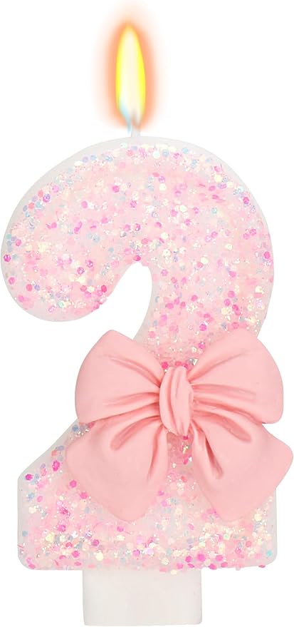 ElekFX Birthday Candle for Cake, 2 Candle - Pink Glitter with Bowknot, 2.76 inch Happy Birthday Candle, Cake Topper Decoration for 2 Years Old Birthday Party (Number 2)