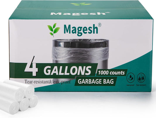 Magesh 4 Gallon Trash Bag Strong, Leakage-Free, Small Garbage Bags Unscented Thick for Bathroom, Office, Kitchen Small Trash Can, 15L, 1000 Bags, Clear