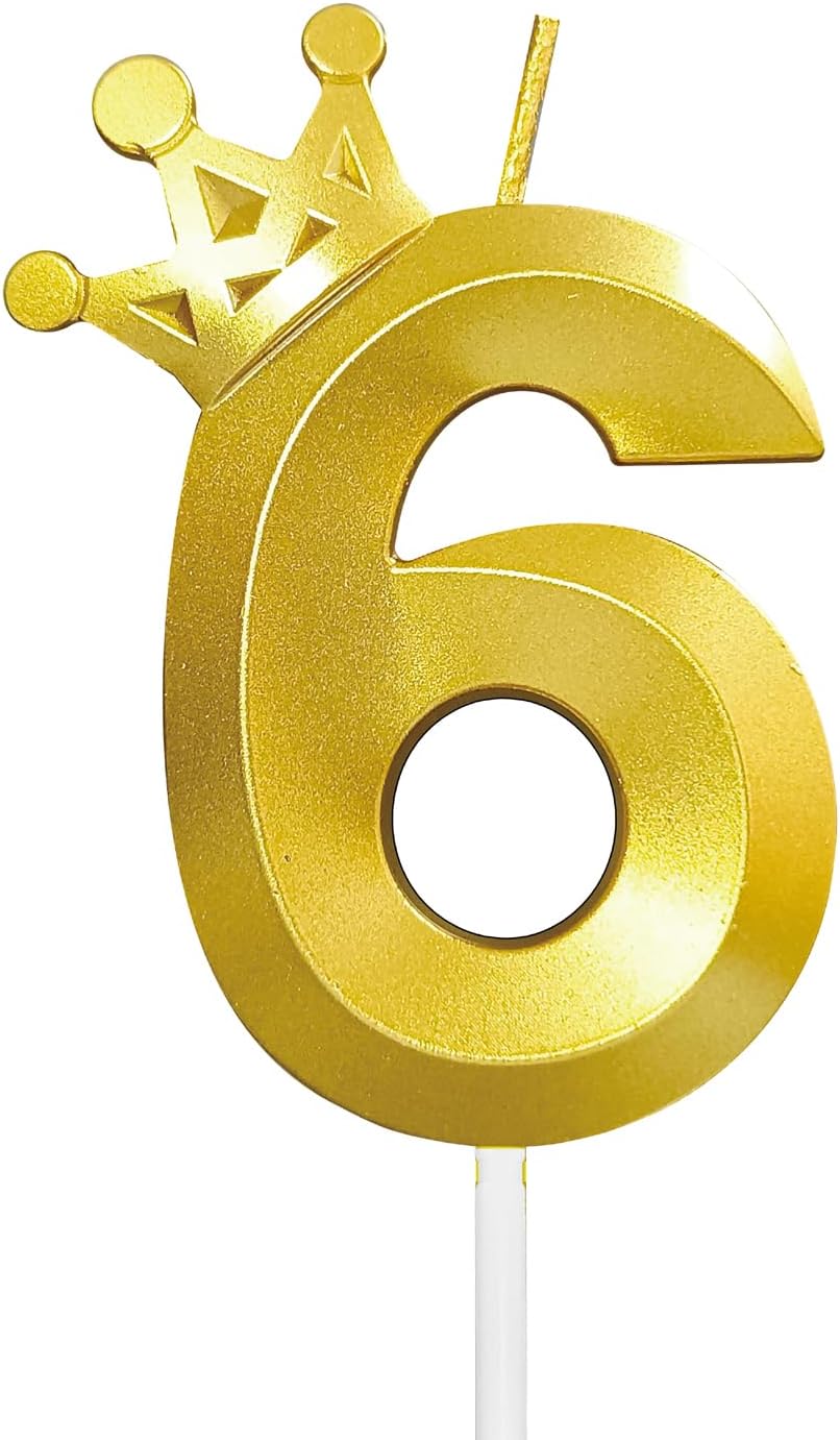 Number 6 Birthday Candle Six Years Old Happy Birthday Number Candles Cake Topper Decorations 3D Crown (Crown-6, Gold)