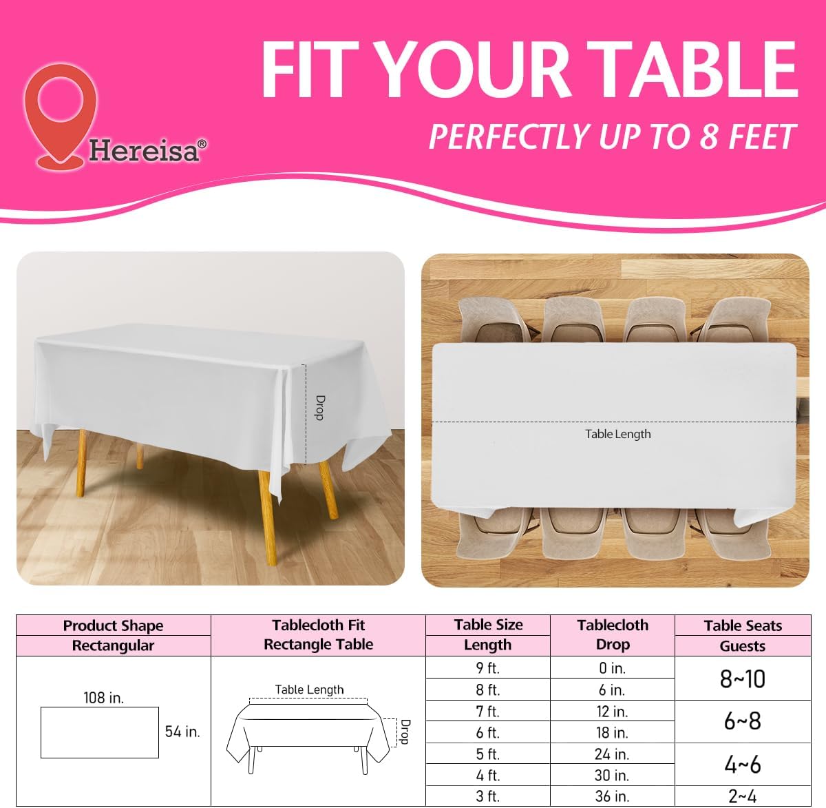 Disposable Plastic Tablecloth White 54x108 Inch, 5-Pack Waterproof Rectangular Table Cover for Parties, Picnics, Dining Protection