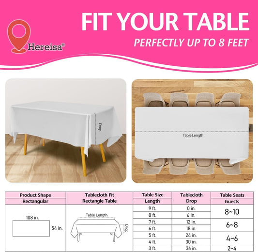 Disposable Plastic Tablecloth White 54x108 Inch, 5-Pack Waterproof Rectangular Table Cover for Parties, Picnics, Dining Protection