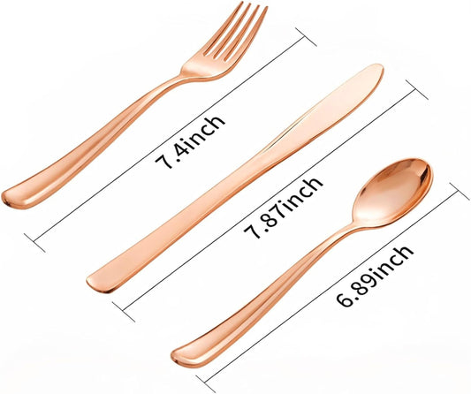 bUCLA 600PCS Rose Gold Plastic Silverware Set - Disposable Rose Gold Plastic Cutlery Include 200 Knives, 200 Forks, 200 Spoons for Party, Wedding & Mother’s Day