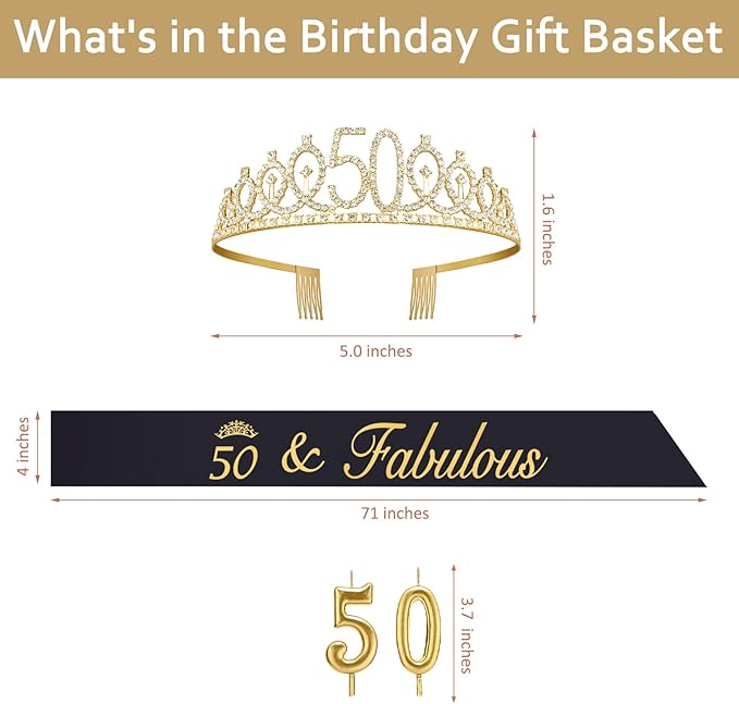50th Birthday Decorations for Women with Crown, Sash, Candles for Womens 50th Birthday Decorations Gold and Black