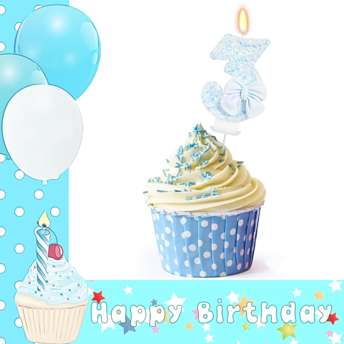 Birthday Candle for Cake, Blue Bow Number Candles, 2.76 inch Number, Cake Topper Decoration for Birthday Party (Number 3)