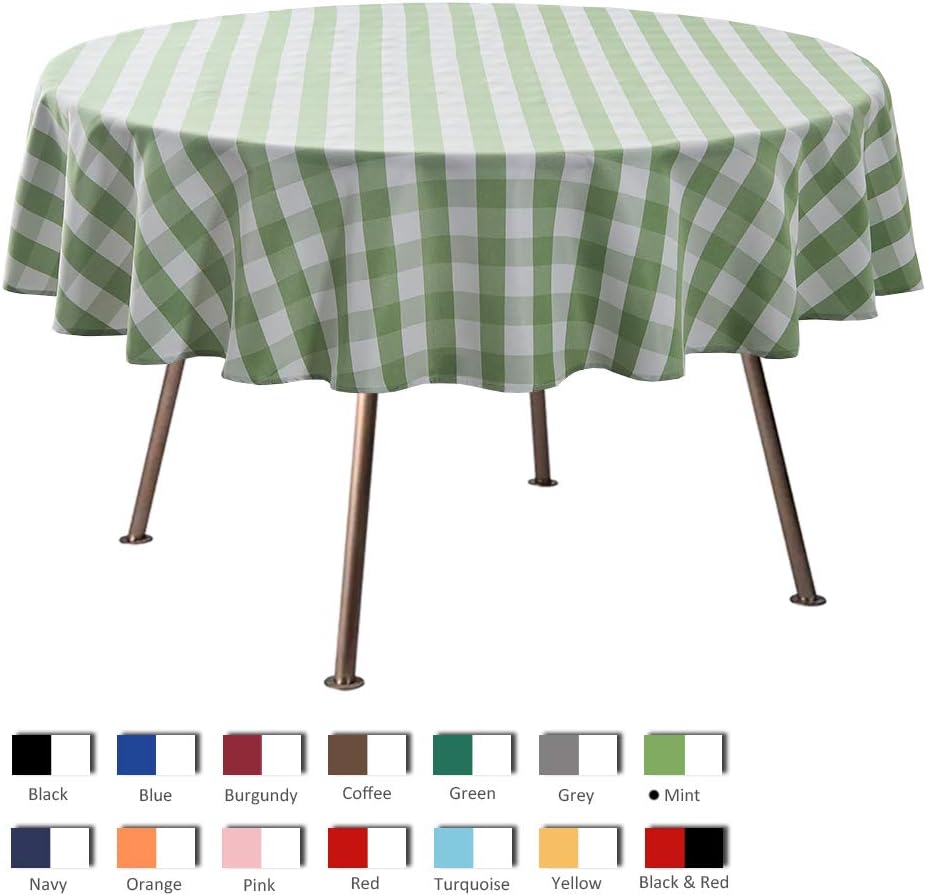 maxmill Round Checkered Tablecloth Spillproof Wrinkle Free Heavy Weight Gingham Table Cloth for Circular Table Cover Buffalo Plaid for Buffet Banquet Parties Holiday Dinner 70 Inch Mint and White