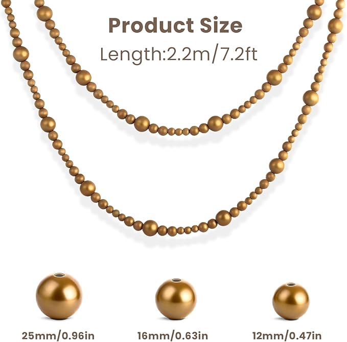 2PCS Christmas Wood Beads Garland 14.4 Feet Wooden Bead Garland Boho Ornaments for Christmas Tree, Xmas Vintage Rustic Farmhouse Round Craft Bead Hanging Holiday Decorations(Gold)