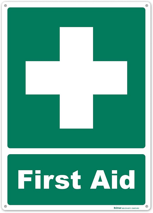 Brimar - 10" x 14" - First Aid Sign - Polyethylene Plastic - Bold Text And Symbol - Easy Installation