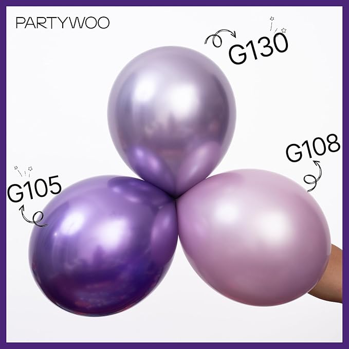 PartyWoo Purple Balloons, 140 pcs Lilac and Metallic Purple Balloons Different Sizes Pack of 18 Inch 12 Inch 10 Inch 5 Inch for Balloon Garland Balloon Arch as Birthday Decorations, Party Decorations