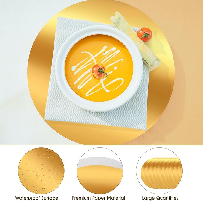 KesaPlan 50PCS Round Gold Placemats, 13" Disposable Paper Placemats for Dining Table, Mirrored Gold Charger Place Mat for Kitchen Banquet Table Setting Wedding Birthday Dinner Party