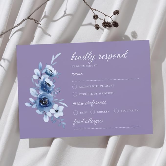 crafty-bell Glossy Finish Personalized Wedding RSVP Response Cards with White Envelopes, Blue Floral Design, 15 Count Respond Cards in Glossy Finish (Purple)