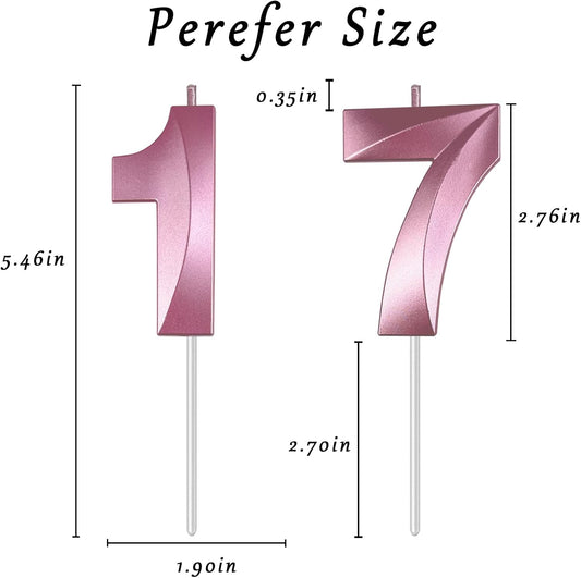 Pink Number 17 Candles, 3D Diamond 2.76 Inch Cake Topper Birthday Candles for Wedding Anniversary Cake Decorations, Happy Birthday Party Decorations