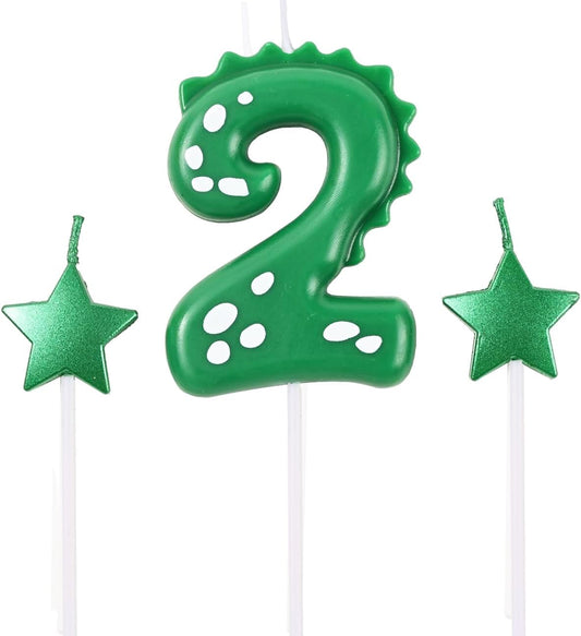 2.75 Inch Green Dinosaur Shaped 2 Number Birthday Candles and Star Birthday Candles,Suitable for Dinosaur Birthday Decorations & Themed Parties Celebration