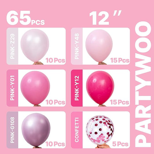 PartyWoo Pink Balloons 65pcs 12 Inch Pearl Metallic Mauve Magenta Fuchsia Hot Pink Confetti Latex Balloons for Gender Reveal Bridal Shower Baby Shower Princess Theme Birthday Party Decorations