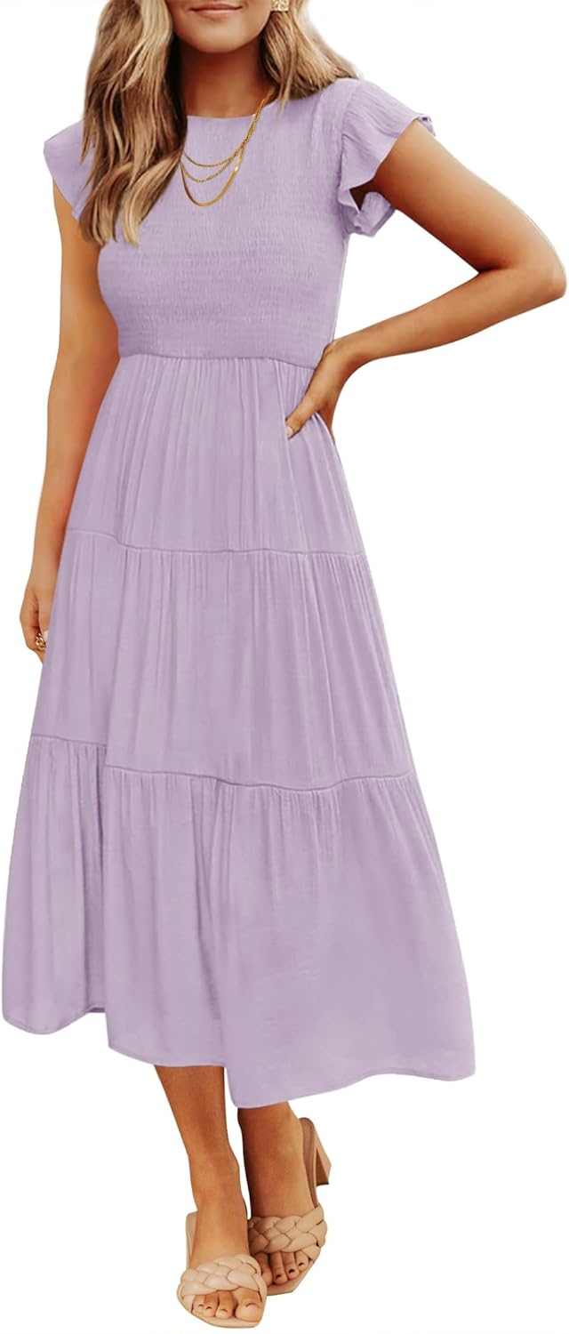ZESICA Women's 2025 Summer Casual Flutter Short Sleeve Crew Neck Smocked Elastic Waist Tiered Midi Dress