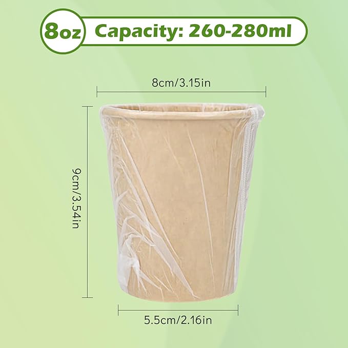 Jippedea Individually Wrapped Coffee Cups for Hotel Motel Room,100 Pack 8 Oz Paper Cups,Disposable Paper Cups for Cafes Bistros Parties(Brown)