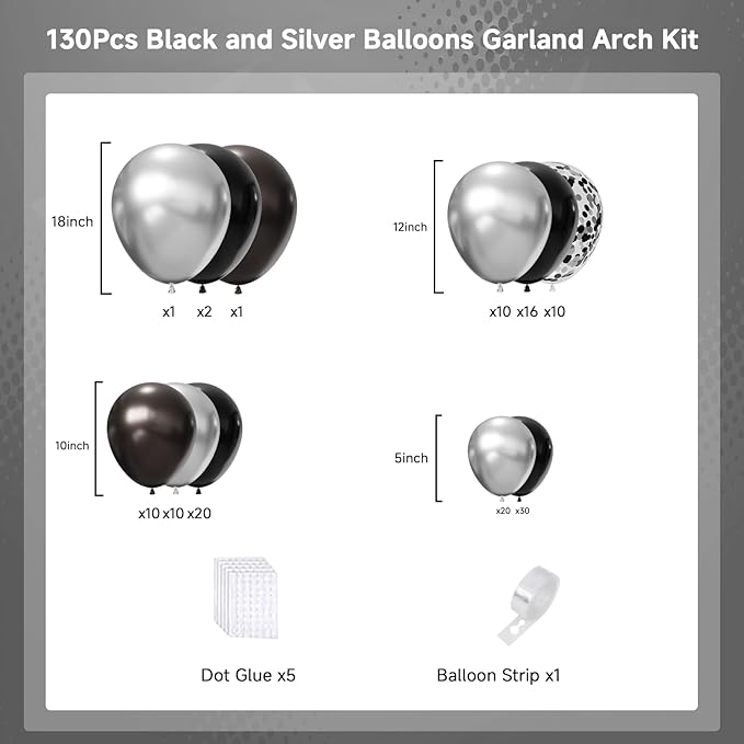 Black and Silver Balloons Arch Kit,130pcs Metallic Black Balloons Garland,Different Sizes Metallic Silver Latex Balloons for Birthday Engagement Baby Shower Wedding Graduation Party Decorations
