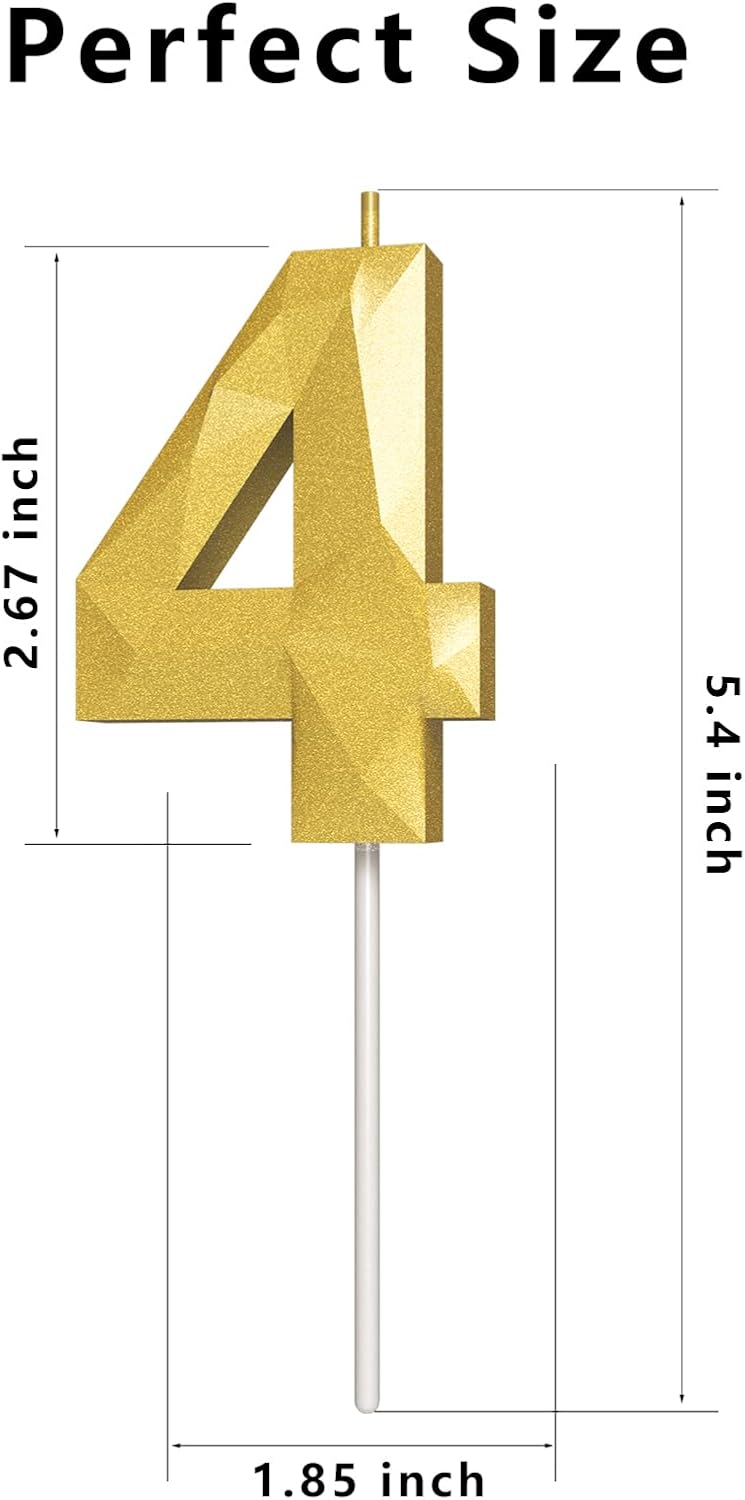 Number Birthday Candles(4 Candle Gold) 3D Diamond Shape Number Happy Birthday Cake Candles for Birthday Party Wedding Decoration Reunions Theme Party