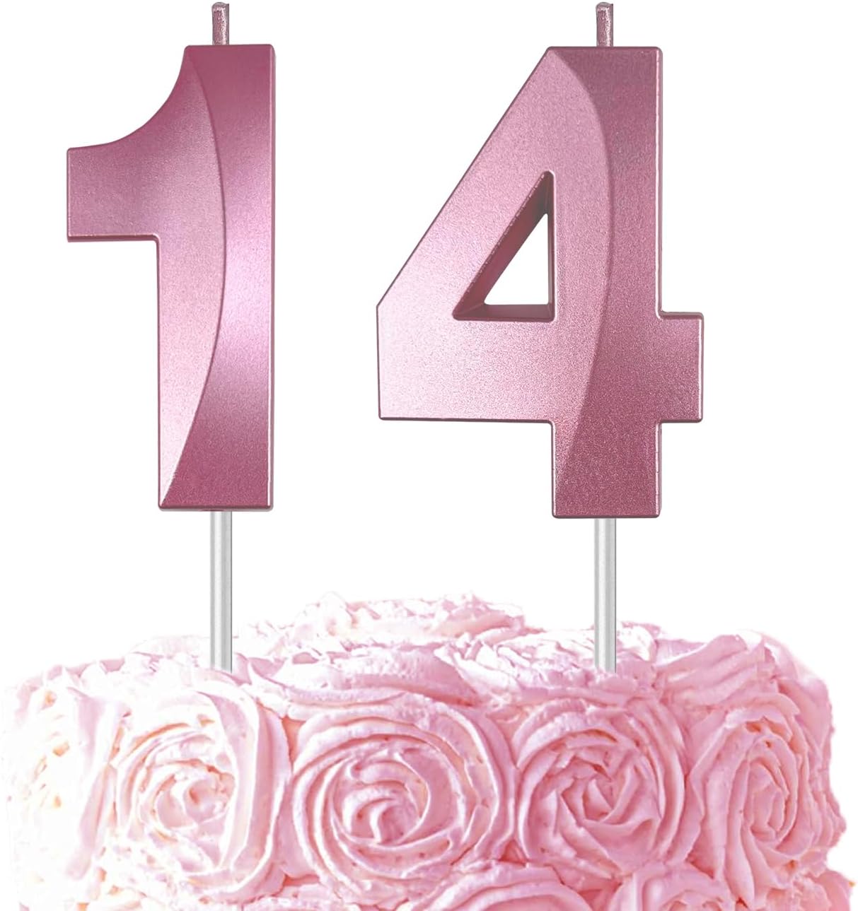 Pink Number 14 Candles, 3D Diamond 2.76 Inch Cake Topper Birthday Candles for Wedding Anniversary Cake Decorations, Happy Birthday Party Decorations