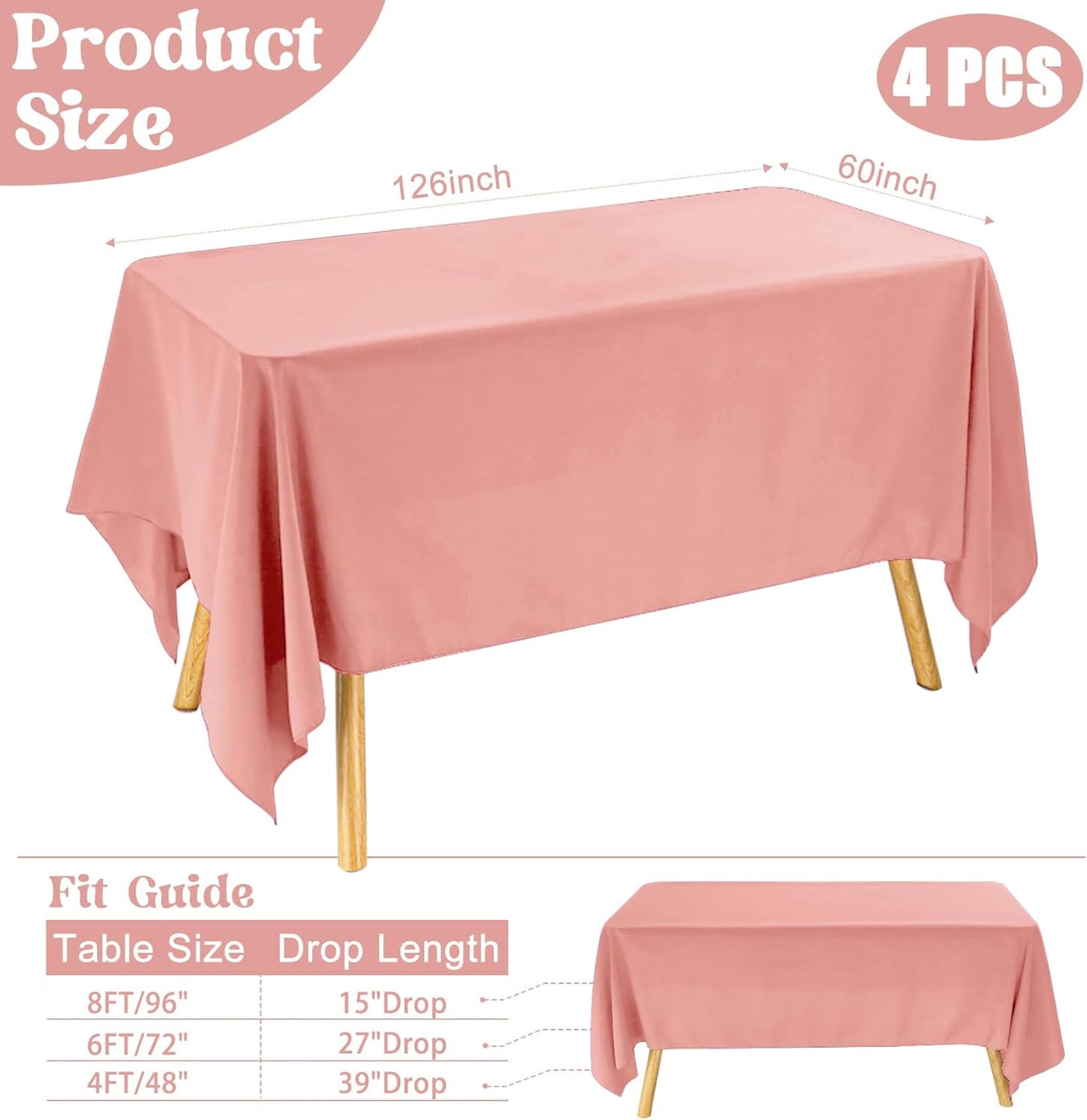 4 Pack Rectangle Tablecloth for 8 Foot Tables Washable Polyester Table Cover for Wedding Dining Table Parties Banquet（60x126 Dusty Rose）