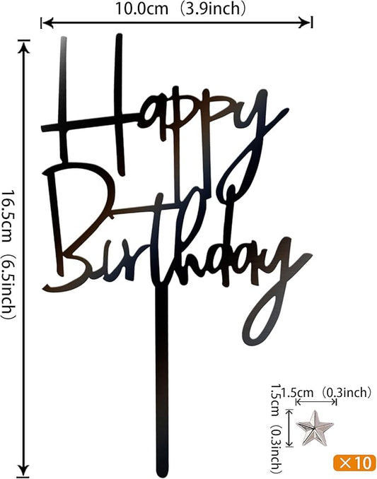 Rsstarxi 11 Pack Black Acrylic Happy Birthday Cake Toppers with Silver Stars Cake Pick for Baby Shower Kids Birthday Party Cake Decorations Supplies