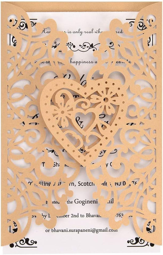 FOMTOR Gold Laser Cut Wedding Invitations Kits 50 Packs Laser Cut Wedding Invitations with Blank Printable Cards and Envelopes for Birthday Parties Baby Shower