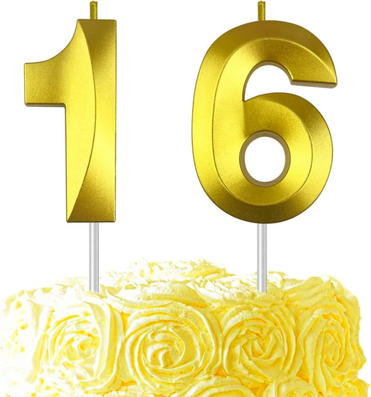 Gold Number 16 Candles, 3D Diamond 2.76 Inch Cake Topper Birthday Candles for Wedding Anniversary Cake Decorations, Happy Birthday Party Decorations