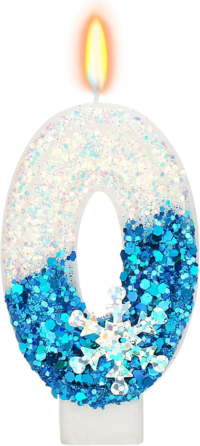 Snow Themed Birthday Candles, Winter Birthday Party Supplies, 2.76 inch Number 0 Cake Topper Decoration (Number 0)