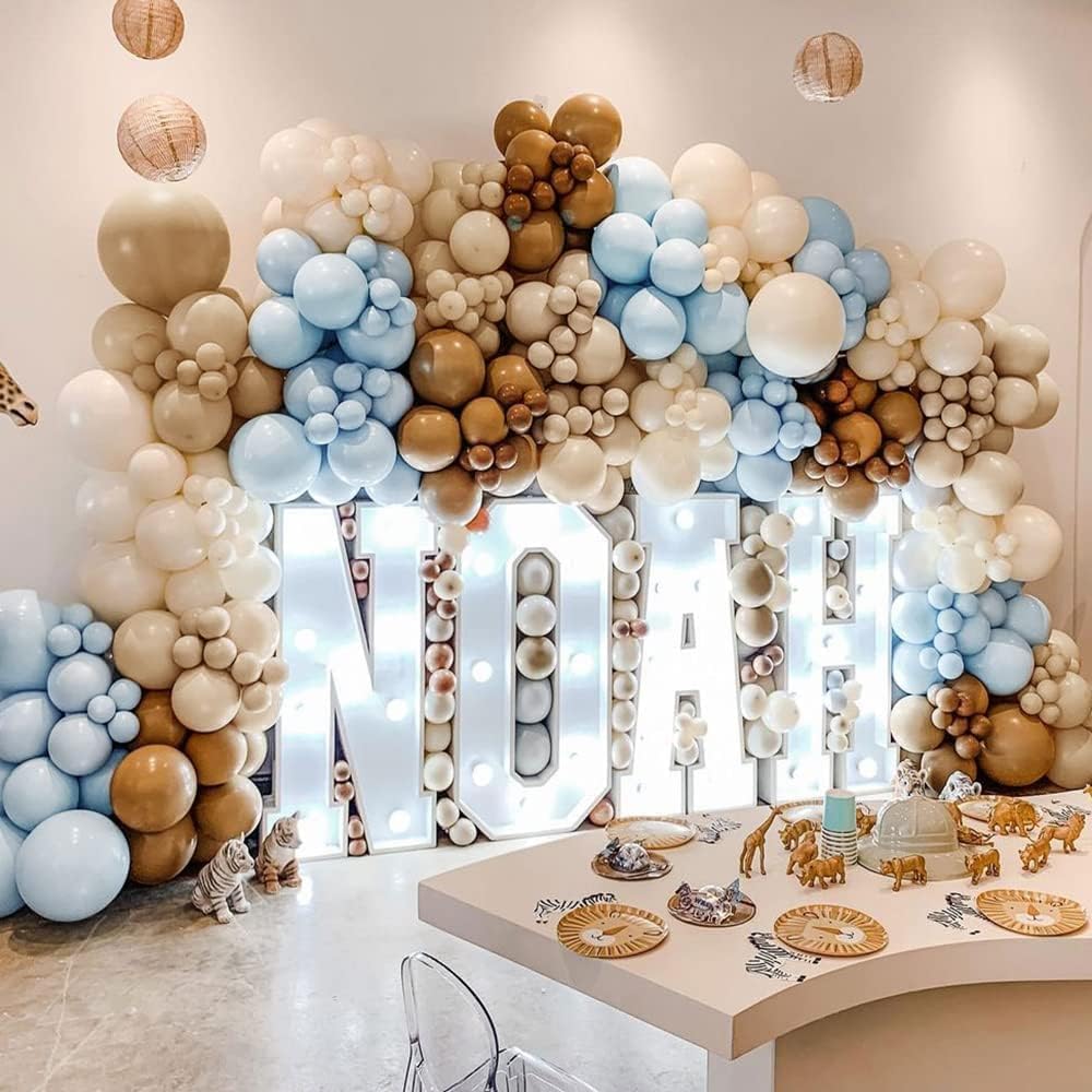 Brown And Blue Balloon Garland Double Stuffed Nude Tan Light Blue Beige Latex Balloon Arch Kit for Neutral Baby Shower Teddy Bear Gender Reveal Wedding Birthday Party Decorations