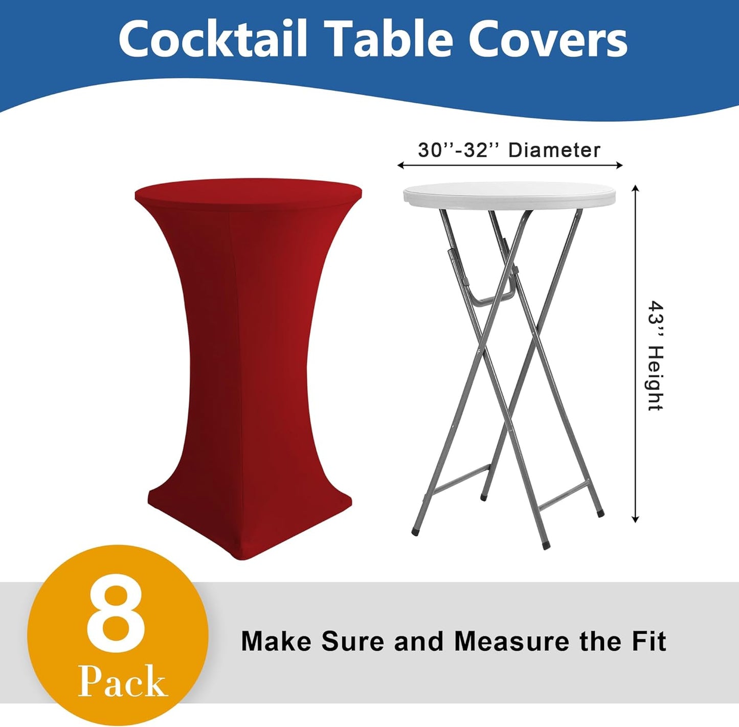 Cocktail Table Covers-Spandex Round High Top Table Cloths 8 Pack 32x43 Inch-Red Stretch Fitted Bar Tall Tablecloth for Pub Bistro Highboy Party Event Banquet Height Folding Satnding Tables